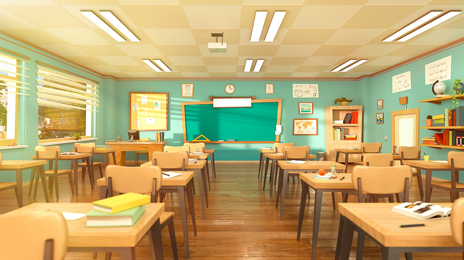 Empty school classroom in cartoon style
