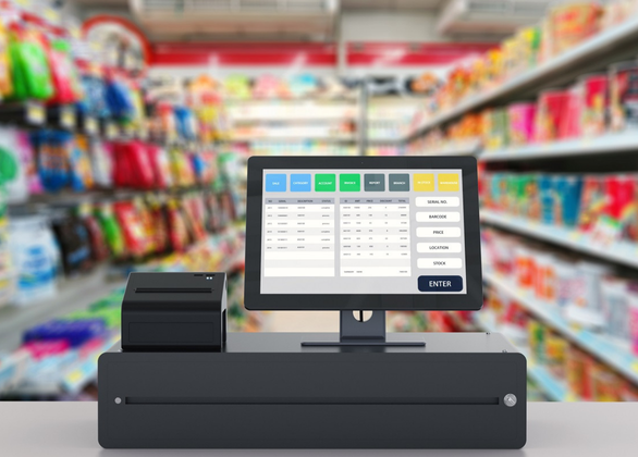 Closeup of cash register with grocery store aisles in background