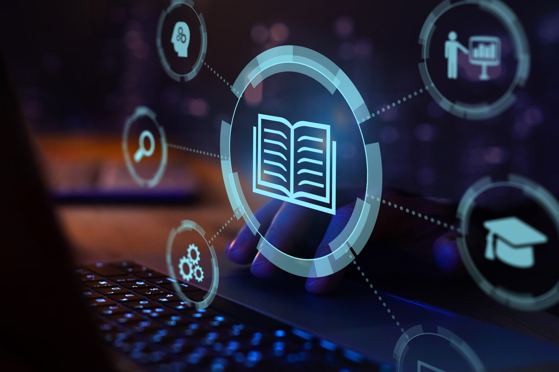 Keyboard and computer screen with icons