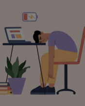 Cartoon of man feeling low/running out of batteries at work