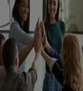 Motivated multiethnic employees celebrating great work results giving high five